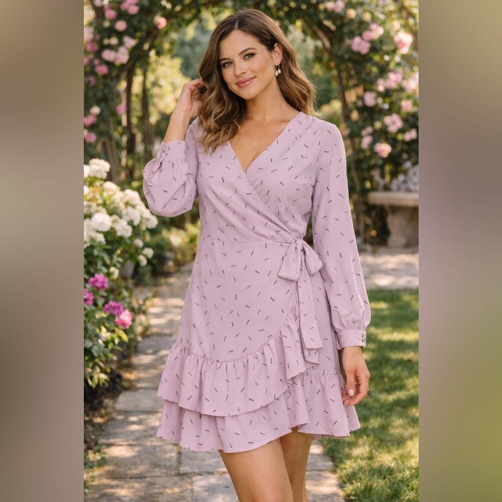 NWT Petal Roz Lavender Faux Wrap Long Sleeve Ruffle Dress Size Small